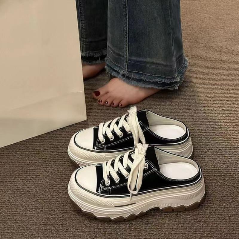 

Холщовые полутапочки женские весна-лето новые на толстой подошве на одном педале женские туфли с круглым носком студенческие ленивые повседневные 40