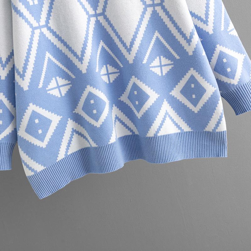 2023 Autumn/Winter Women's Geometric Jacquard Round Neck Sweater - Loose Fit, Medium-Long Knit Top
