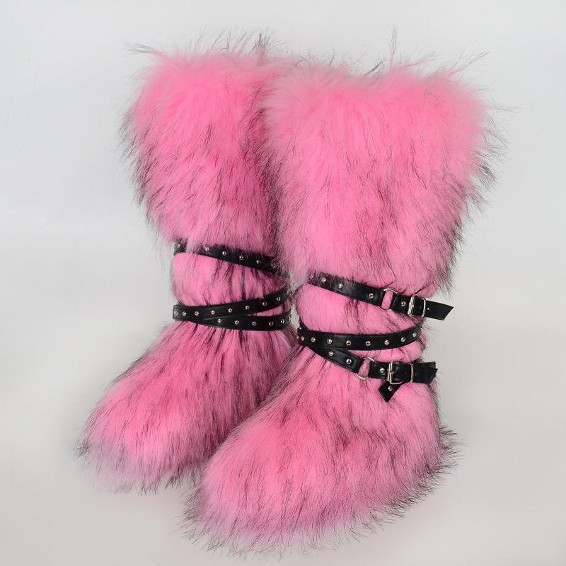 Damen Winterimitat Fuchsfell Stiefel Gürtel Punk Europäisch und Amerikanisch hoher Schaft 40 langer Schaft Schneestiefel Schuhe