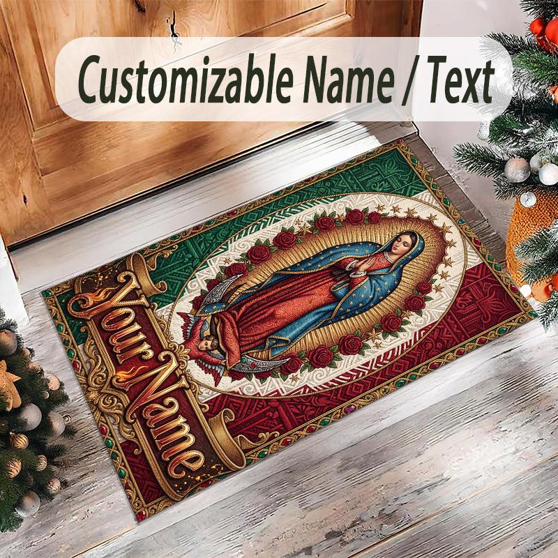 Virgin Mary Theme Crystal Velvet Rug Personalized Custom Name Text Soft Floor Mat Home Decor