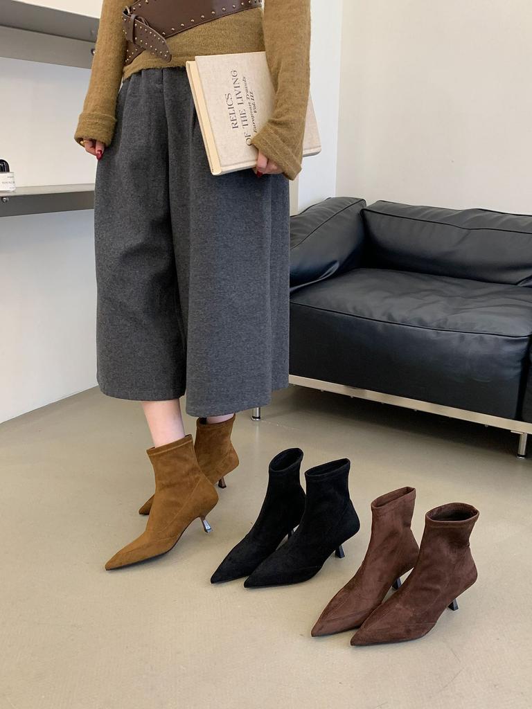 Pointed high-heeled thin short boots autumn temperament square buckle suede elastic short boots women's boots