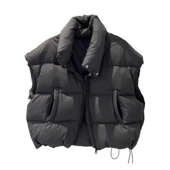 Women Down Vest Stand Collar Sleeveless Zipper Closure Winter Waistcoat with Pockets Solid Color Casual Loose Fit Short Jacket