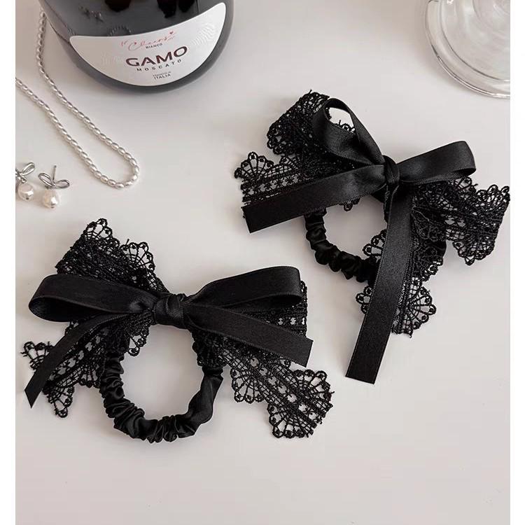 Korean Dongdaemun Lace Bow Hair Tie - Black French Ponytail Holder