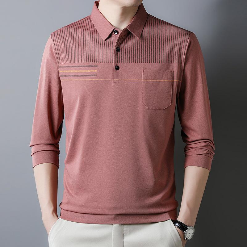 Autumn Men's Long-sleeved Thin Tops Bottoming Shirts for Young and Middle-aged Men with Lapels and Real Pockets Casual Dad T-shirts for Men