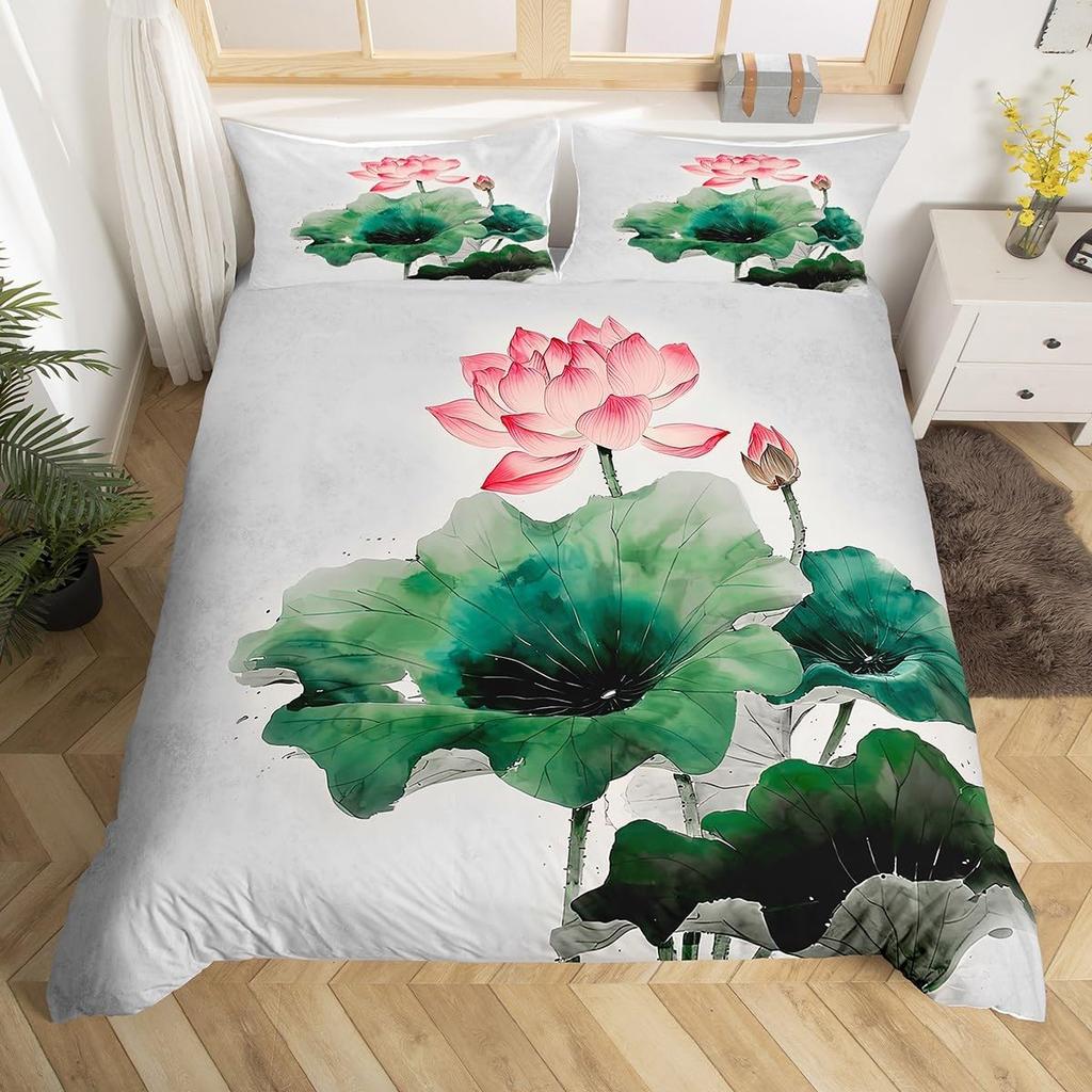 Lotus Duvet Cover, Water Lily Bedding Set, Lotus Leaf Quilt Cover, Summer Theme Print Comforter Cover For Girl Women Twin King