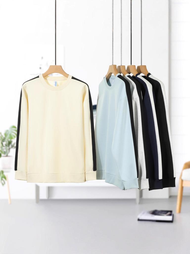 Unisex Trendig Färgblockad Huvtröja med Ränder: Avslappnad Rund Hals, Lång Ärm, Perfekt för Par och Vardagsbruk