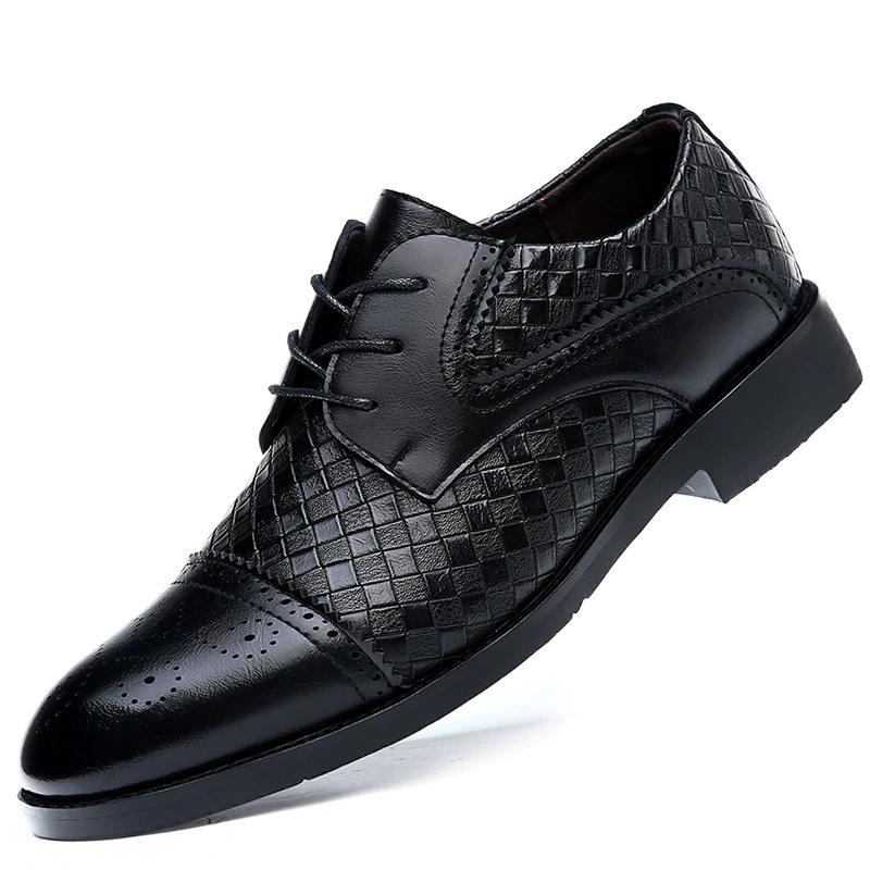 

Fashion New 2025 Men Weave Pattern Business Dress Shoes Lace Up Artificial Leather Oxford Brogues Shoes Plus Size 38-48 38 чёрный