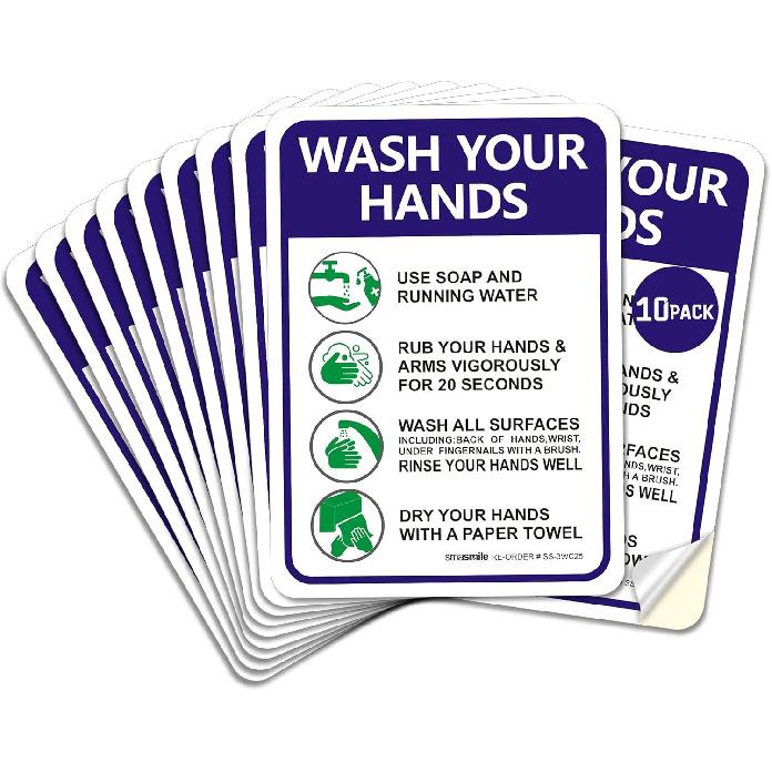 Hand Washing Sign Wash Hand Sign Sticker, 10 Pack 10 x 7 Please Wash Your Hand Signs Decals, Self-Adhesive Vinyl, Employee Hand Washing Signs,