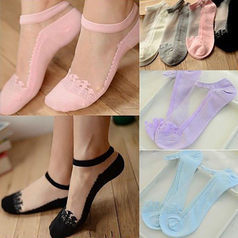 Classic Appeal Women Colors Sexy Ultra-thin Elastic Silky Short Silk Lace Invisible Socks In 7 Colors
