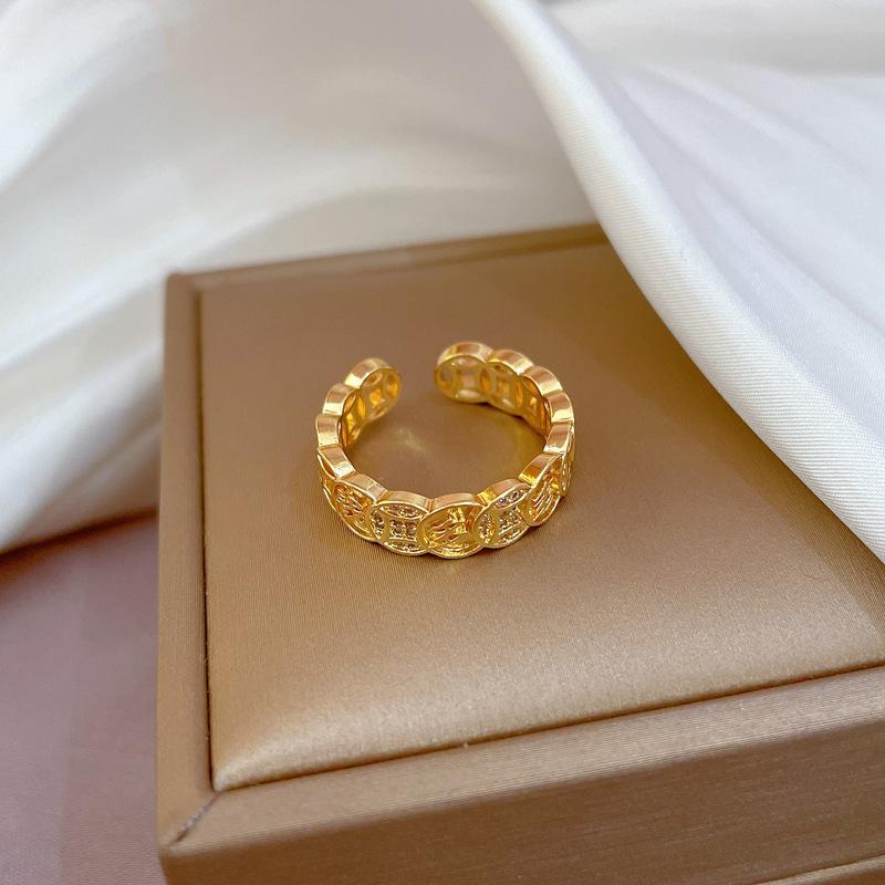 Real Gold Couple Ring, Women'S Tide Fashion Luxury Adjustable Opening Ring, Cold Wind Index Finger Ring