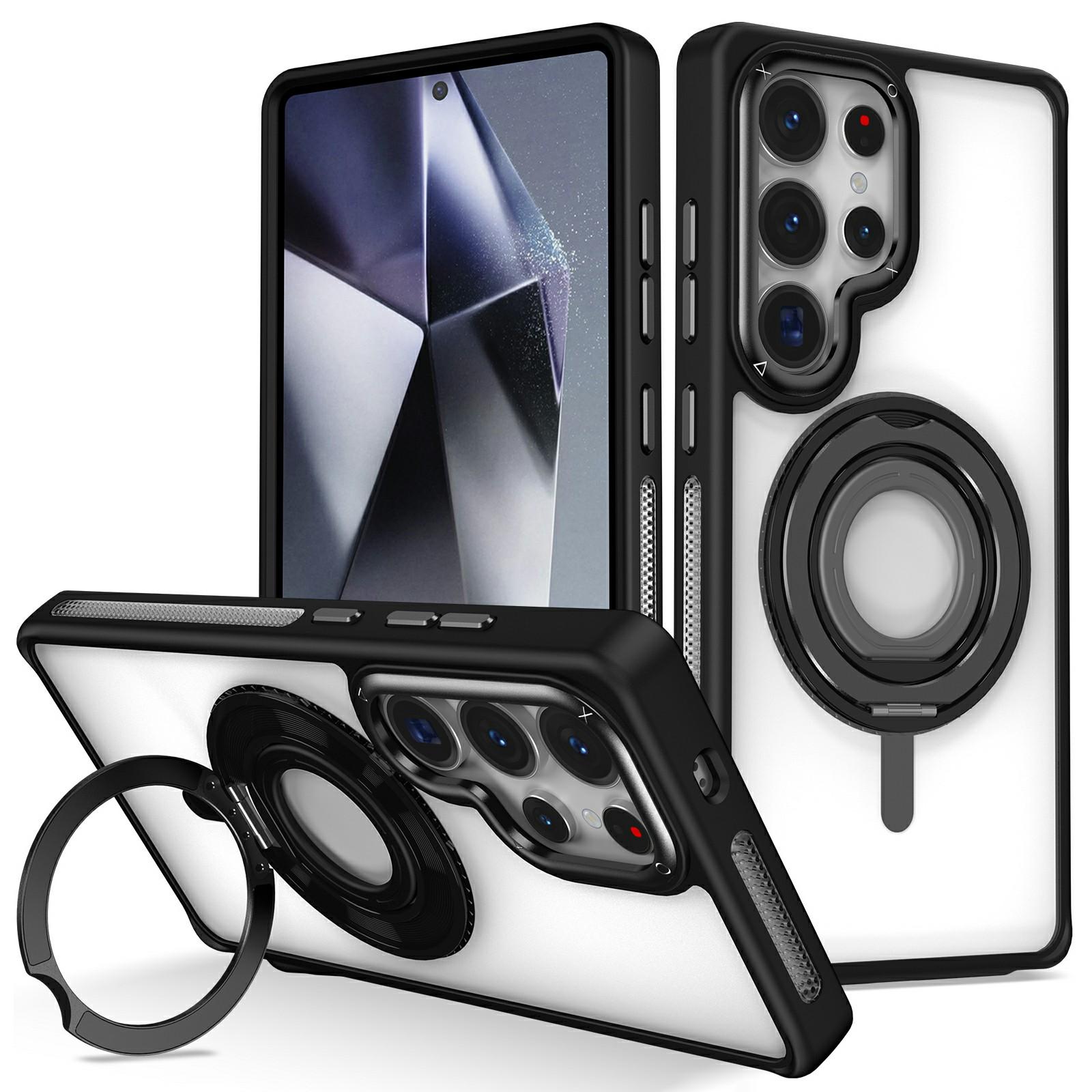 

For Samsung Galaxy S25 Ultra Case TPU+PC Clear Phone Cover with Silicone Ring Kickstand Black