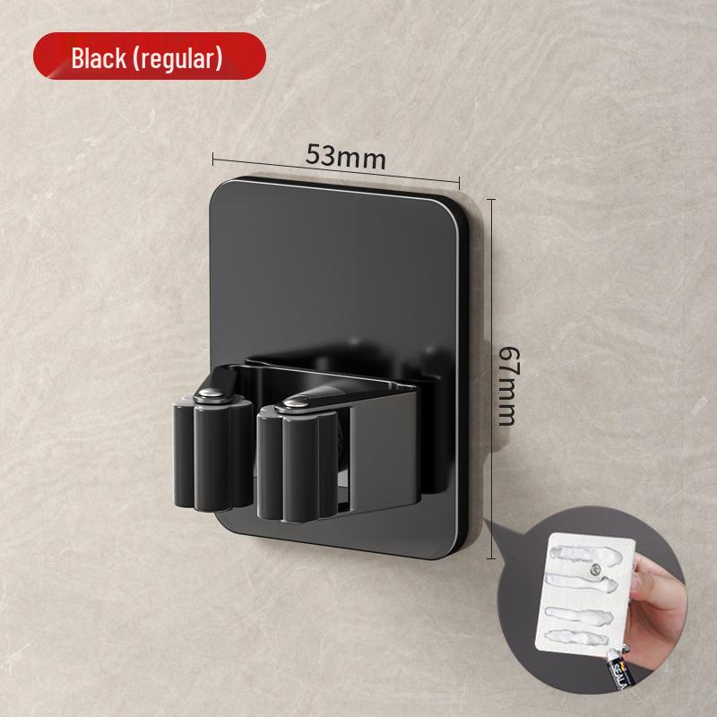 Stainless Steel No-Drill Mop & Broom Holder with Hooks - Wall-Mounted, Strong Adhesive Storage Clip