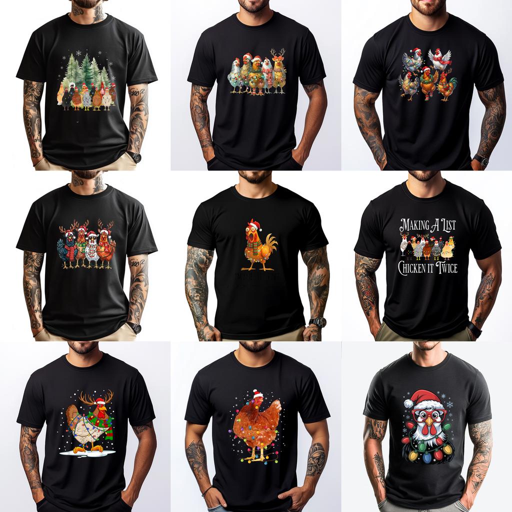 Funny Chicken Christmas Lights Farm Animal Cute Xmas Holiday Printed T-shirt Fashion Casual Clothing