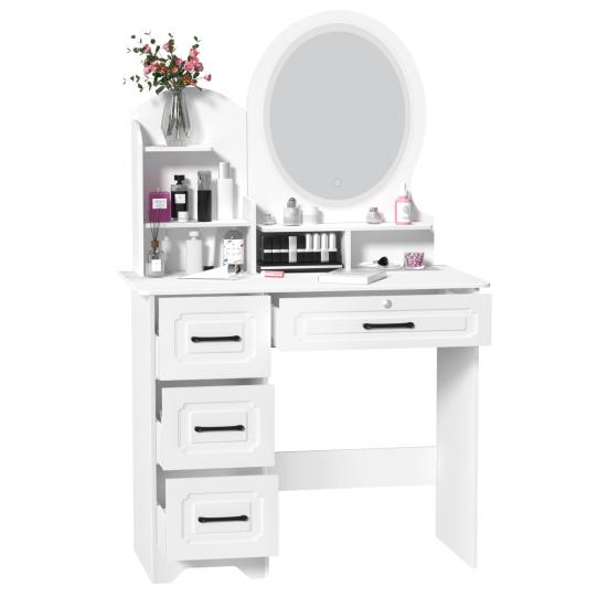 Makeup Desk with Mirror, Large Vanity Desk with Storage Shelves, 4 Drawers, Makeup Vanity Table with Light, Bedroom Dressing Table