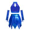 Kids Girls Jazz Dance Performance Outfit Sleeveless Keyhole Back Sparkly Sequins Crop Top with Asymmetric Metallic Skirt and Sequined Tassels Gloves