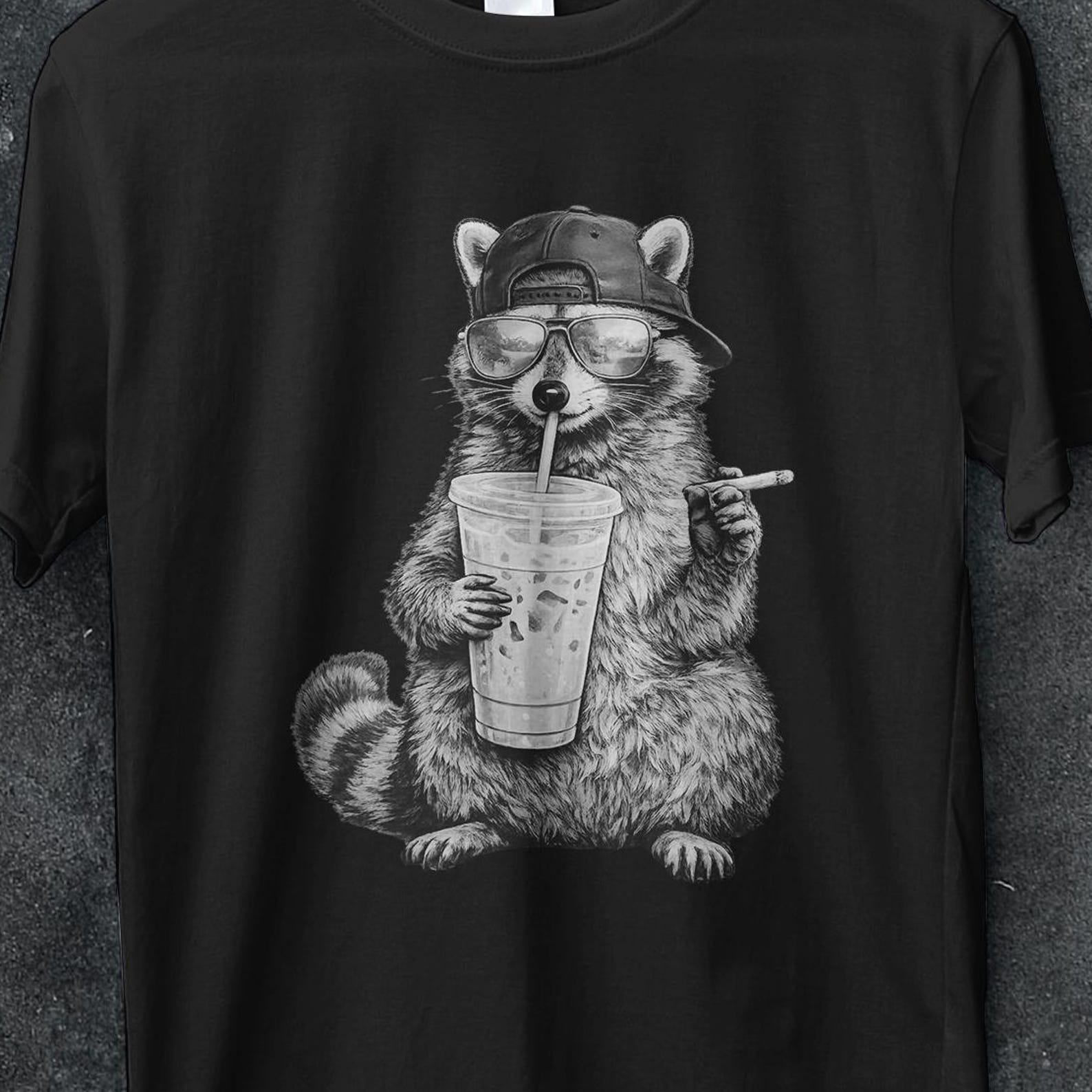 Raccoon Drinking Iced Coffee Shirt, Coffee Lover Shirt, Raccoon Coffee Shirt, Animal Lover Gifts, Iced Coffee Raccoon, gifts, Raccon shirt 3XL