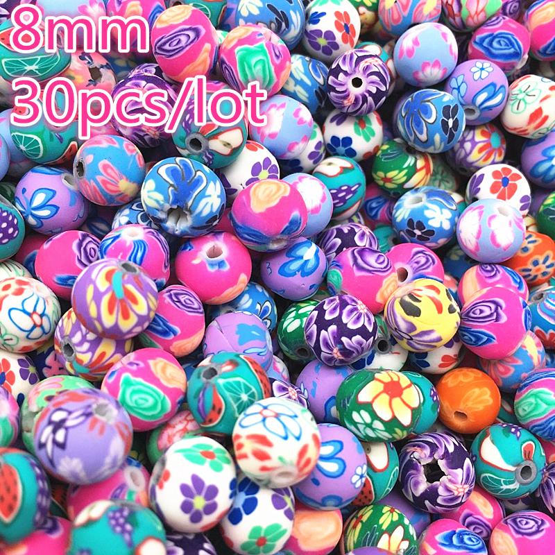 Neue 6mm 8mm 10mm 12mm Polymer Clay Blumenmuster Druckperlen Runde Lose Perlen Mixfarben für Schmuckherstellung DIY Armband