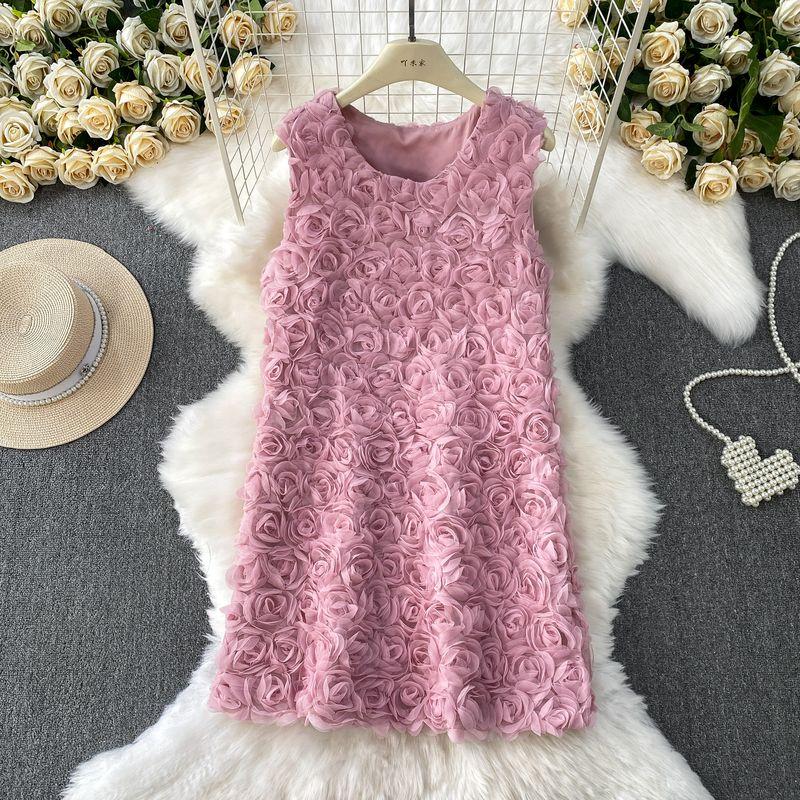 

Socialite High end Three-Dimensional Rose round Neck Sleeveless Vest Dress Women Summer Beautiful Immortal Age-Reducing Slimming Short dress Pink All yards