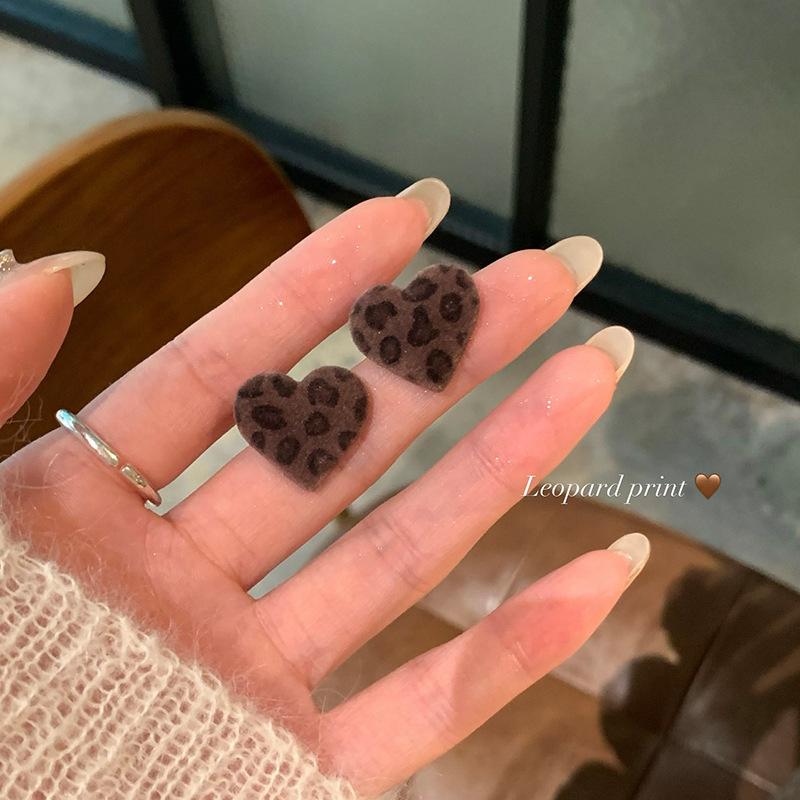 Autumn and winter flocking leopard print love earrings women's retro stud earrings unique temperament earrings