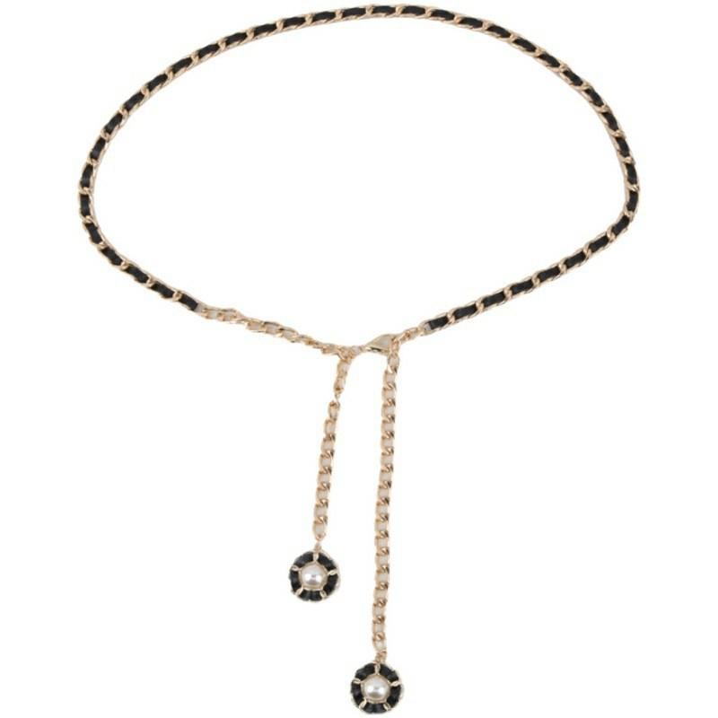 French Small Fragrance Style Waist Chain Women's Accessories Metal Retro Black and White Camellia Fashionable Thin Waist Chain Belt