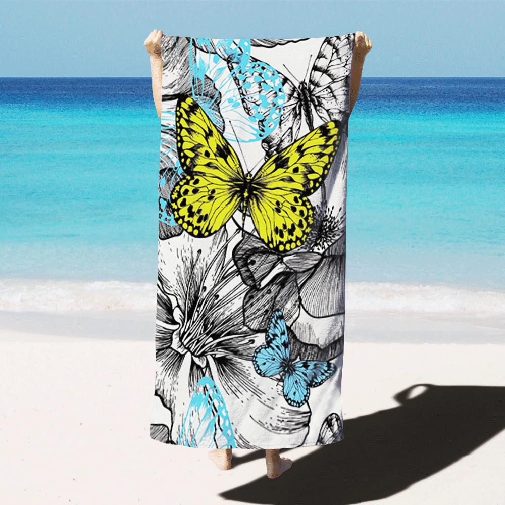 Vibrant Yellow Blue Butterfly Print Beach Towel, Soft Quick Dry Oversized Bath Towel, Boho Aesthetic Summer Accessory 1pcs