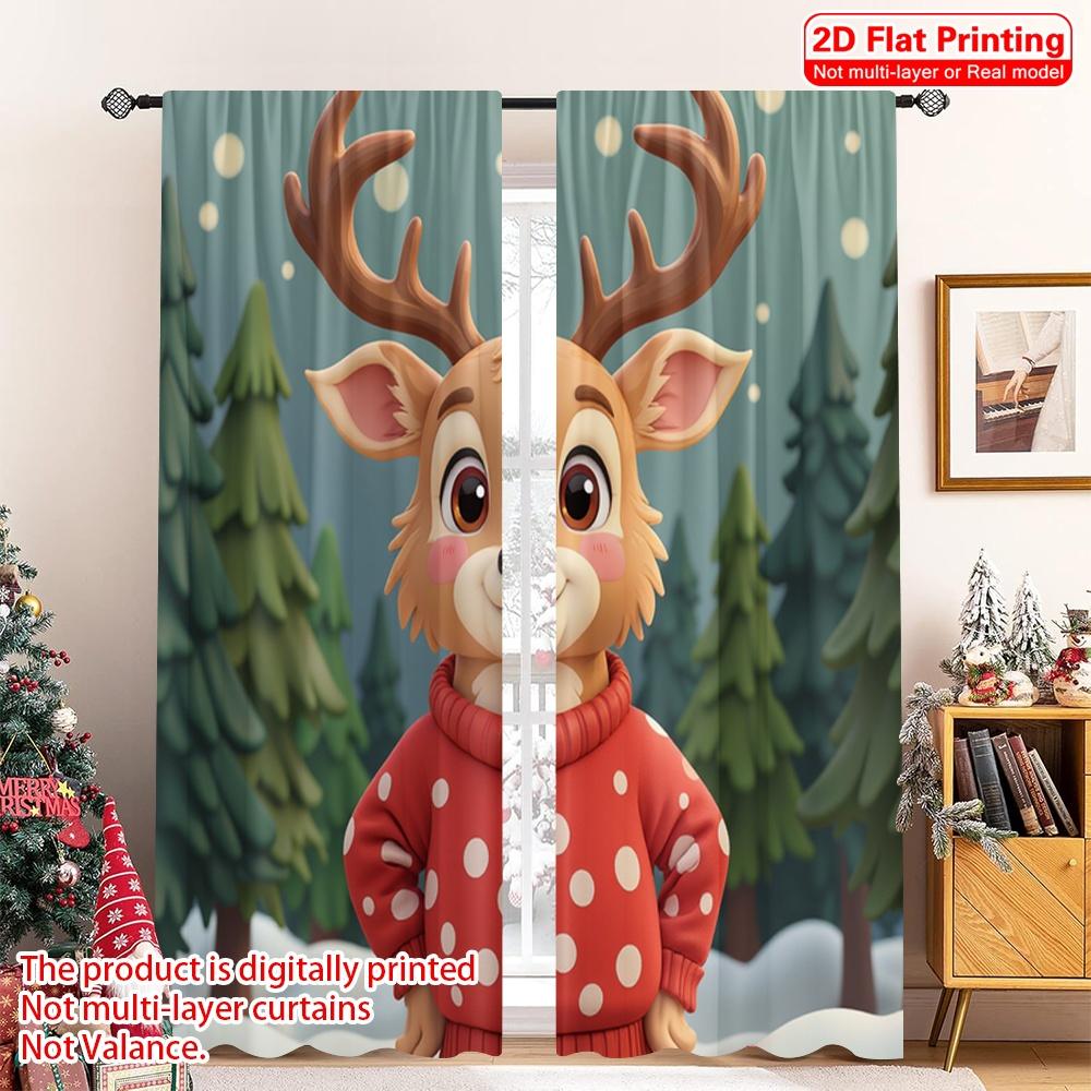 2pcs 2D Flat Printing Merry Christmas Curtains Deer Wearing Christmas Sweater Forest Polyester Without Electricity Festive Wall