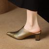 Fashion 2025 Women's New Spring/Summer Pointed Sheepskin Leather Genuine Leather Sheepskin Baotou Middle Heel Large Muller Half Slippers