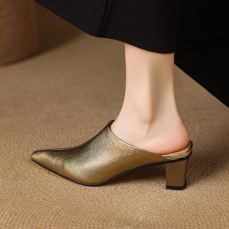 Fashion 2025 Women's New Spring/Summer Pointed Sheepskin Leather Genuine Leather Sheepskin Baotou Middle Heel Large Muller Half Slippers