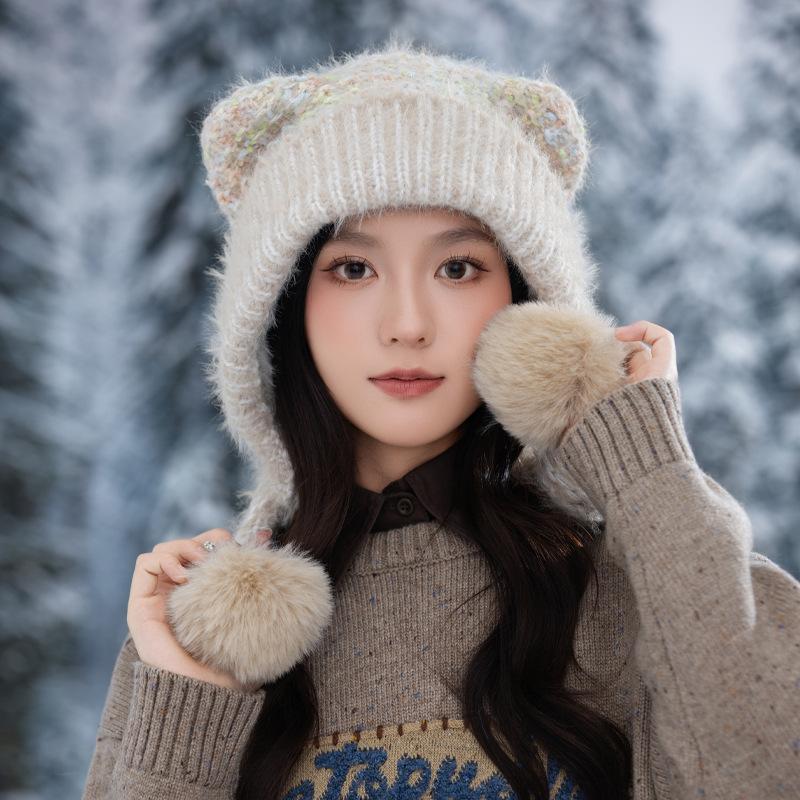 Korean Cute Colorful Bear Ear Wool Ball Cap Autumn and Winter Casual Cold Warm Hat Showing Face Small Knitted Wool Cap