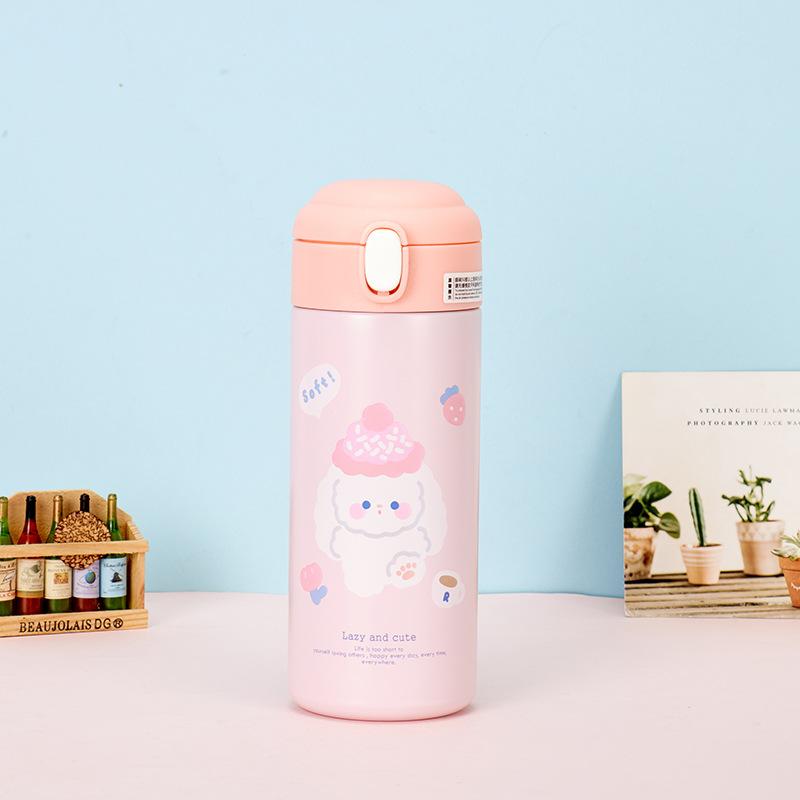 380ml Cute Cartoon Animal 304 Stainless Steel Water Bottle, One Click Pop Up Straw Insulated Thermos for Kids Girls Students