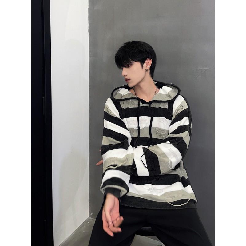 Unisex Oversized Knit Hoodie Sweater Casual Streetwear Striped Patchwork Cotton Blend Long Sleeve