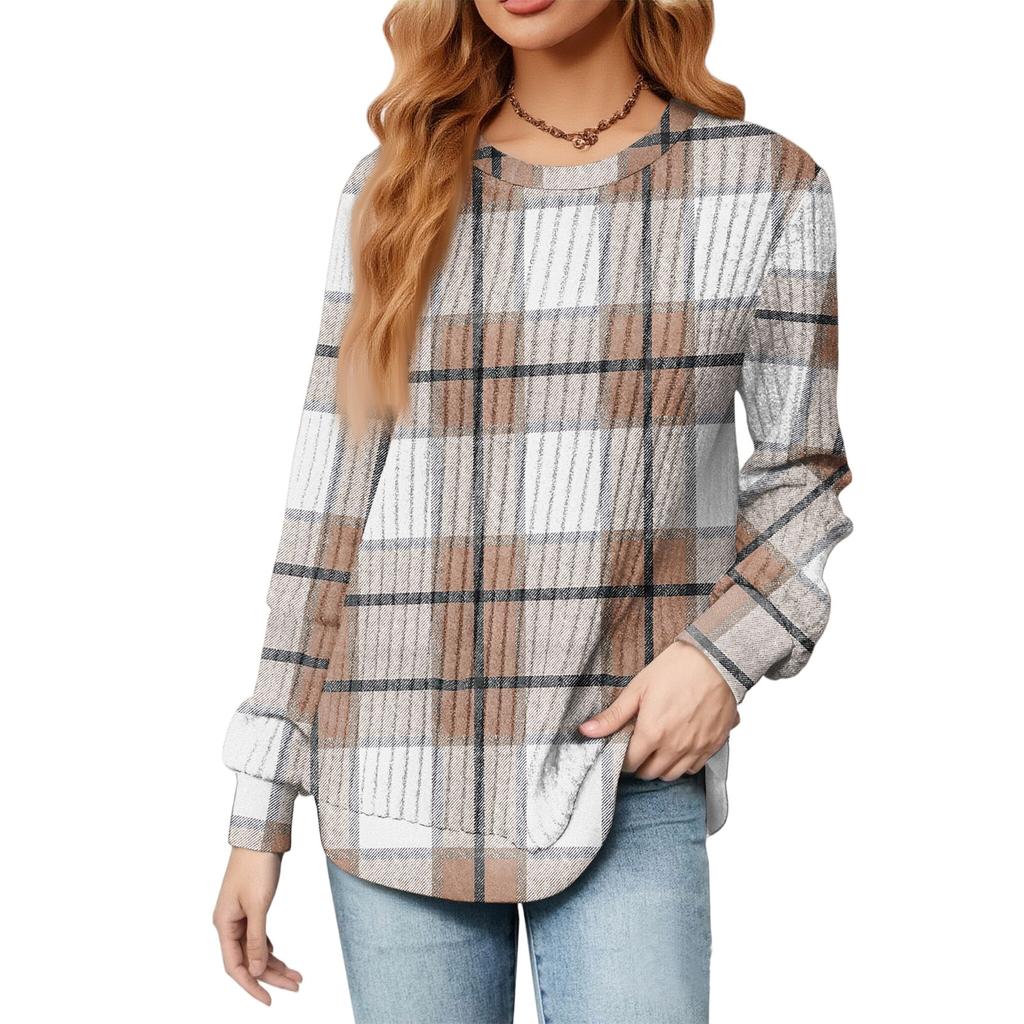 Fashionable Women's Long Sleeved Checkered Striped Printed Lightweight Sweater With Loose Round Neck Top