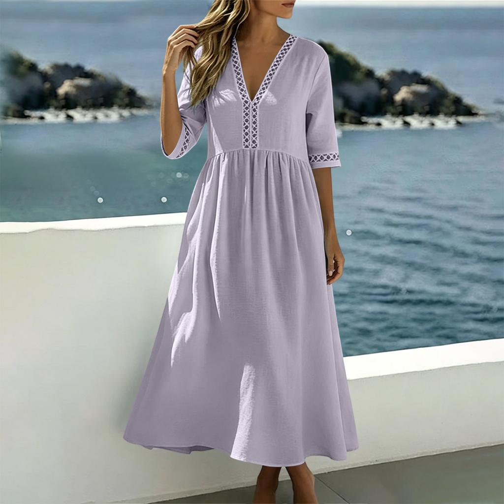 Women Casual Loose Fit V Neck Short Sleeve Dress Cotton Linen Blend Midi Length Summer Dress with Lace Trim Detailing