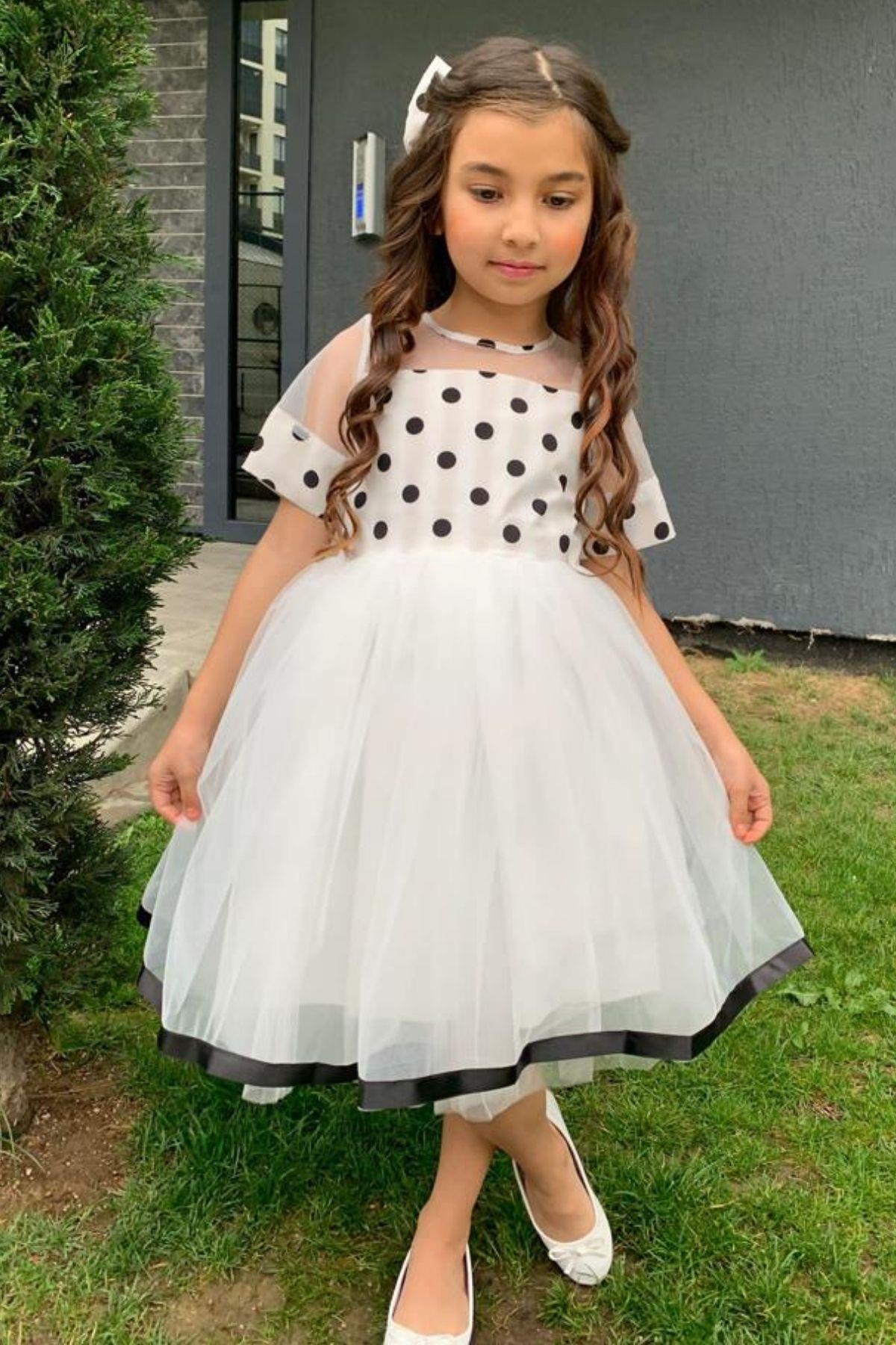 

Girl Skirt Stripe Detailed Tulle Polka Dot White Dress