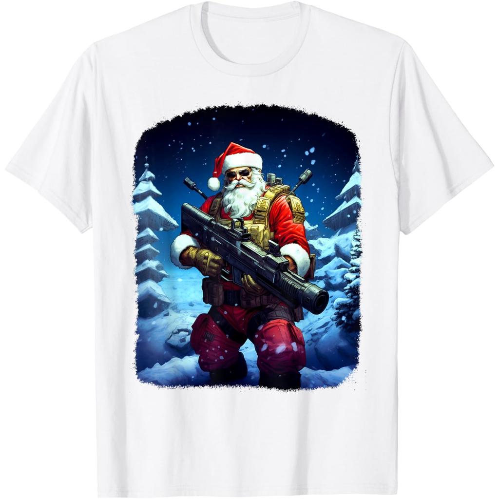 Tactical Santa Gun Graphic Print Men's Cotton Casual Round Neck T-Shirt
