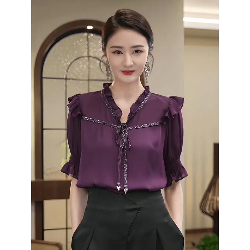 

Summer Women s New High-end Short-sleeved Mom-style Purple Top with Fashion Casual Feel Shirt S фіолетовий