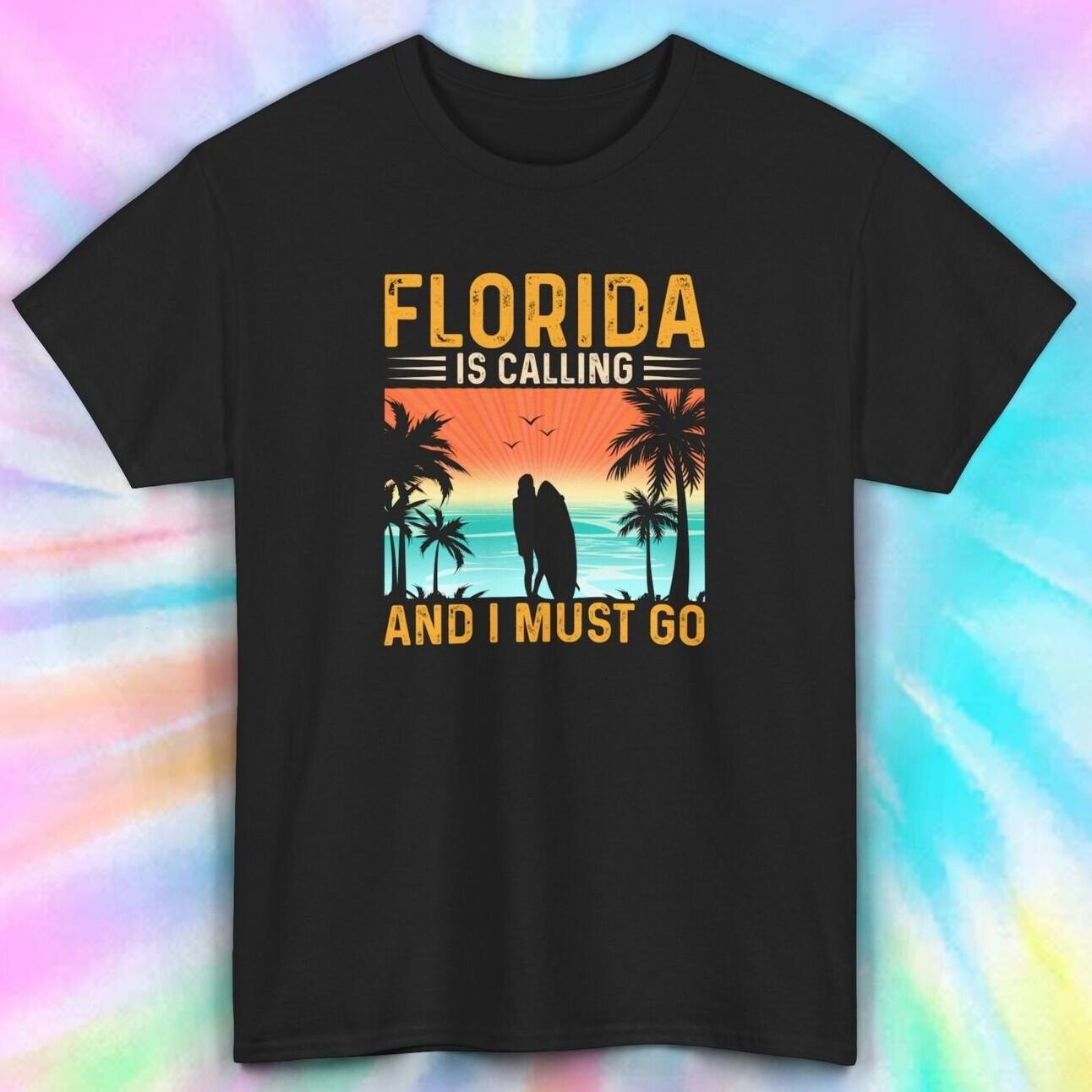 Florida Is Calling And I Must Go T-Shirt | Sunset Beach Surfing Graphic Tee L
