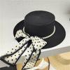 French Hat Hepburn Style Summer Sun Hat Korean Elegant Polka Dot Streamer Pearl Flat Top Hat Travel Small Fresh