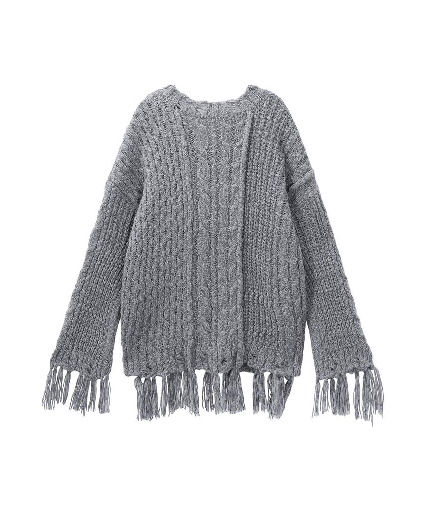 Teulimingbeodeu Wool Damage Tassel Knit Set-Up Pullover [ Gray ]