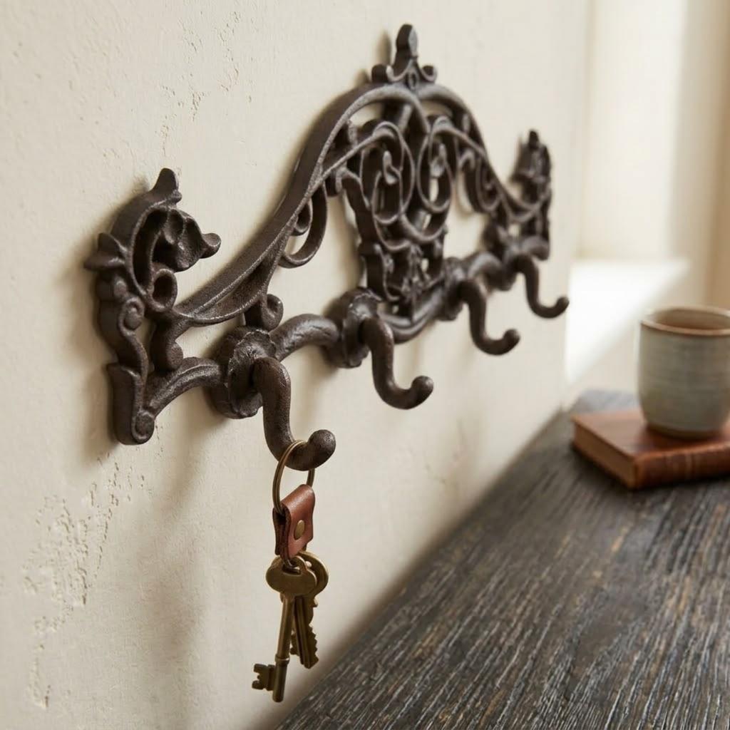 Two cast iron wall hangers, brown, decorated, decorative, 4 hooks