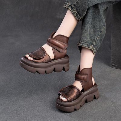 Genuine Leather Thick Soled Hollow Breathable Sandals Comfortable Versatile Women's Platform Shoes