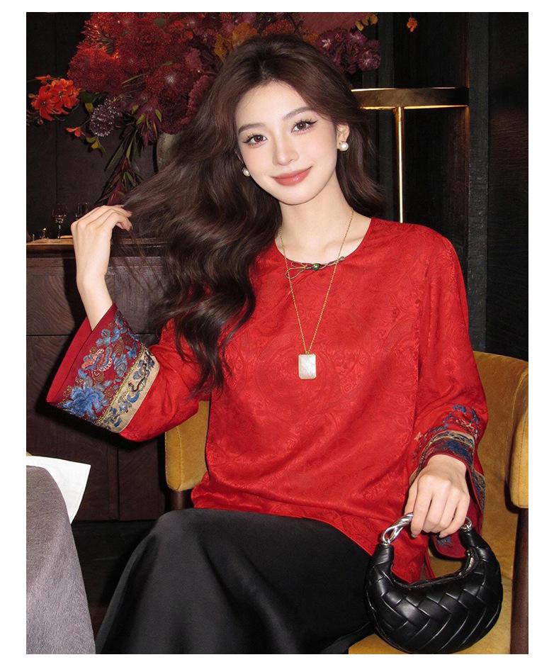 Rong Tai Women's 2026 Spring Frog Button Silk Jacquard Long Sleeve Shirt - Slimming Chinese Style Top