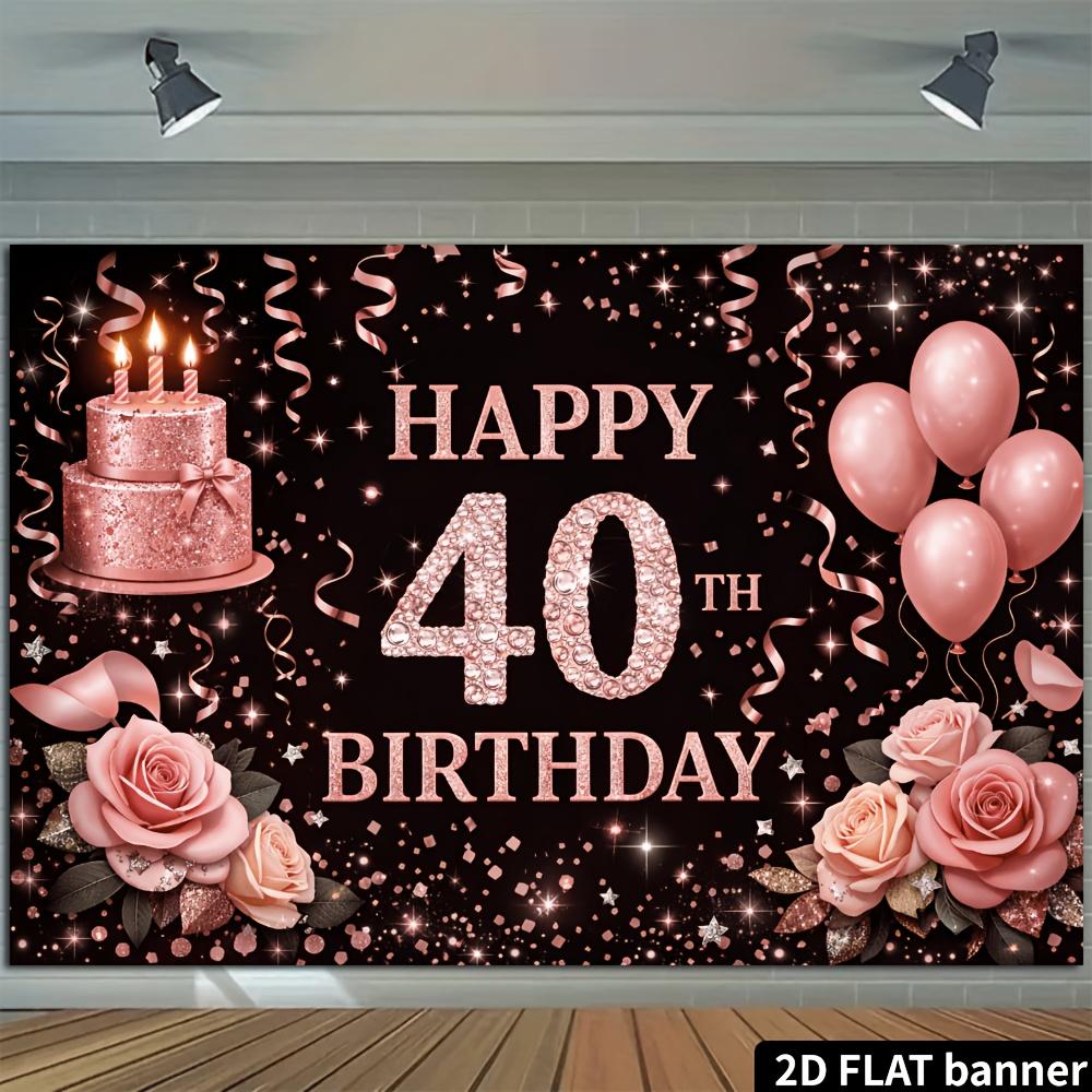 2D plane 40th birthday party backdrop fabric  black background with rose gold glittering diamonds theme  featuring pink roses