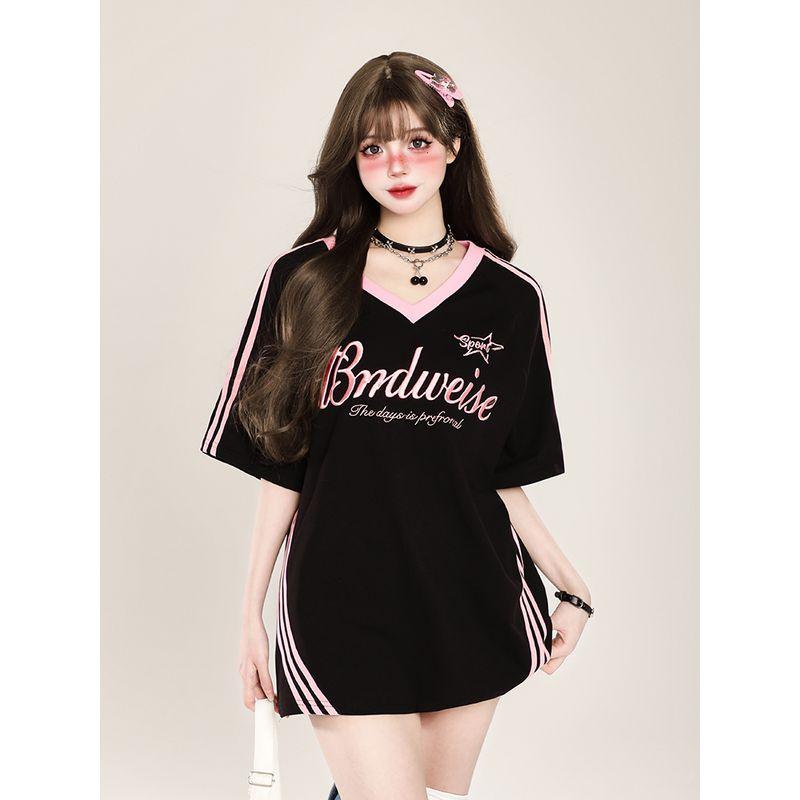 

Shoulder Short Sleeve Summer Niche Style Preppy Style V-neck T-Shirt Black S