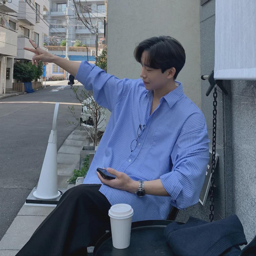 

Мужская японская полосатая рубашка: Универсальный, с длинным рукавом, свободный крой, корейский дизайн 2XL синий