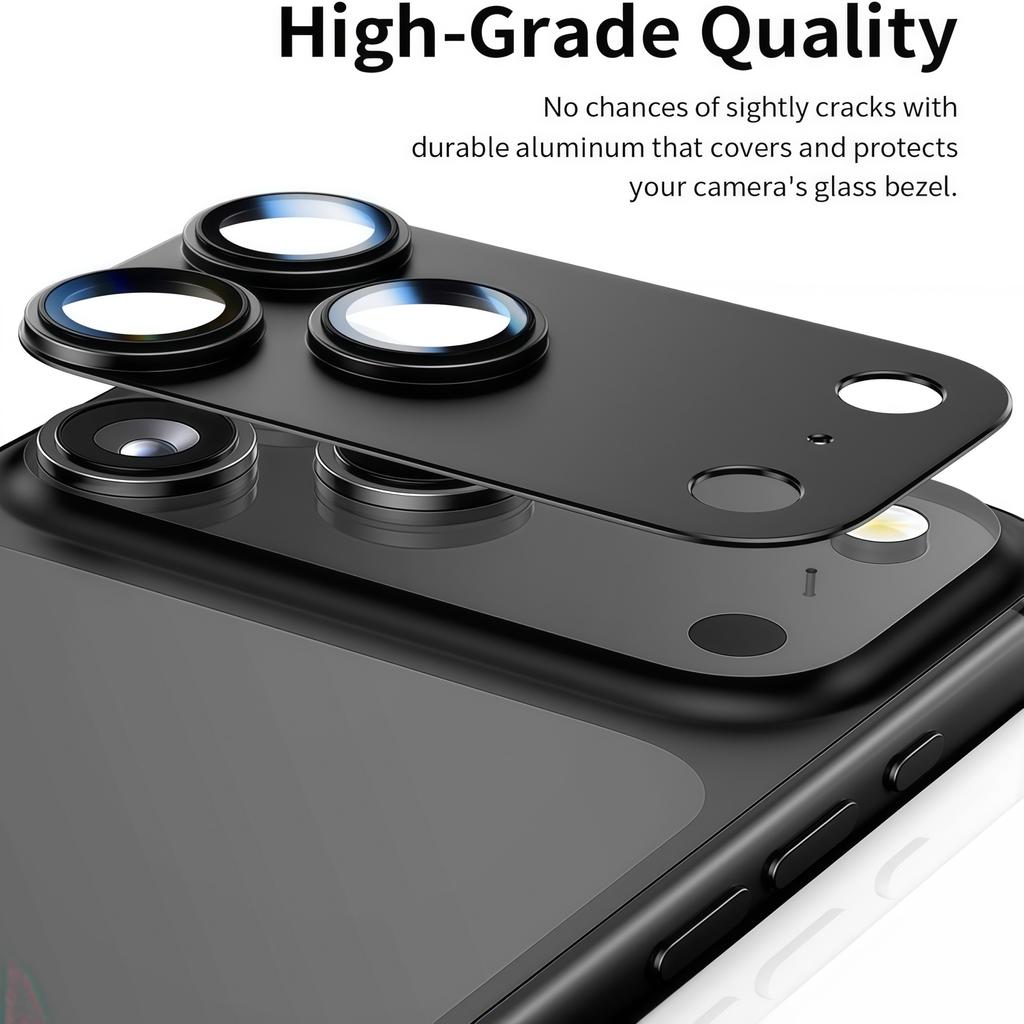 For iPhone 17 Pro Mobile Phone Camera Lens Protector - [Strong Adhesion] Metal Aluminum Alloy Tempered Glass , Black Titanium