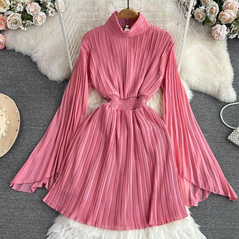 

Lady Socialite Horn Long Sleeves Stand Collar Chiffon Dress Pink All yards