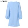 VONDA Women Casual Square Neck Puff Long Sleeve Solid Color Hip Dresses