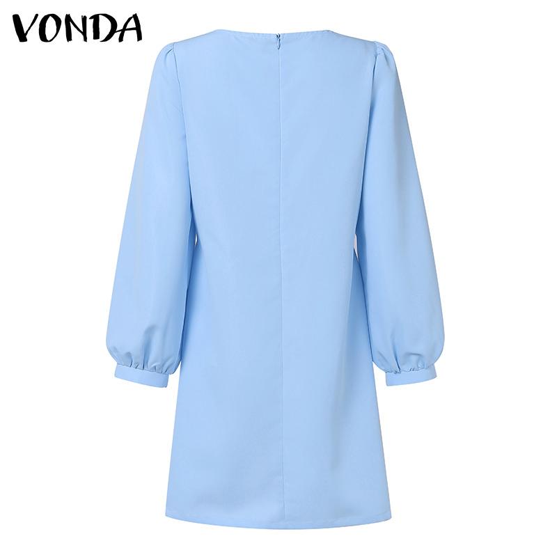 VONDA Women Casual Square Neck Puff Long Sleeve Solid Color Hip Dresses