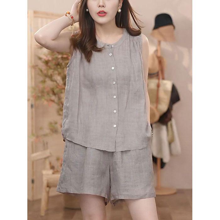 

Женский летний льняной приталенный костюм-двойка: Спортивная майка без рукавов и шорты XXXL темно-серого